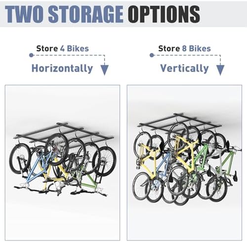 WALMANN Garage Ceiling Bike Rack, Adjustable Overhead Bicycle Storage System – Stores 4 Bikes Horizontally or 8 Bikes Vertically, Ceiling-Mount Bike Hanger for Road & Mountain Bikes - Image 4
