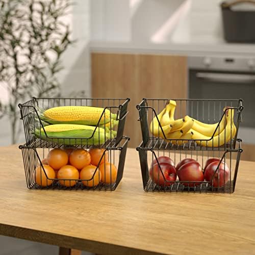 Slideep Wire Storage Baskets for Organizing, 4 Pack 14'' Stacking Metal Wire Freezer Organizer Bins with Handles, Large Pantry Baskets for Kitchen Cabinets, Bathroom, Laundry, Garage, Black - Image 4