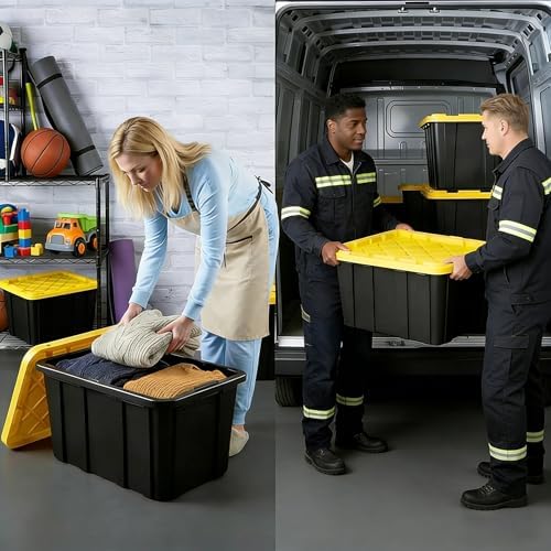 6 Pack 27 Gallon Black & Yellow Heavy-Duty Stackable Storage Bins with Lids - Image 3
