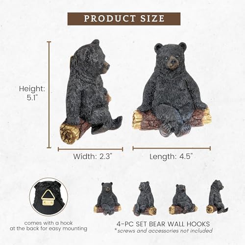Set of 4 Resin Black Bear Wall Hooks Rustic Cabin Towel Coat Rack - Image 2