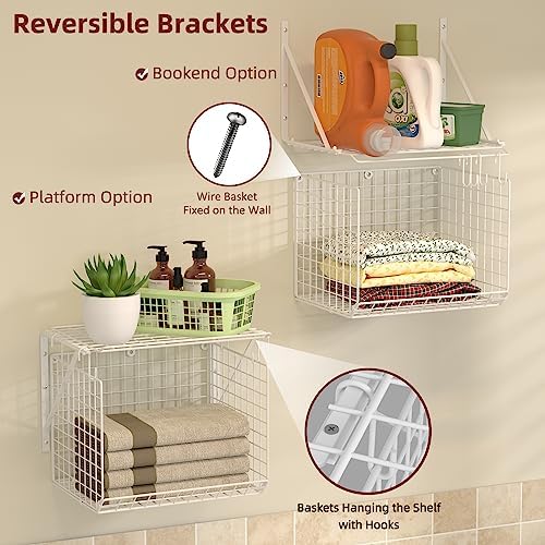2 Pack Laundry Room Shelves Wall Mounted with Wire Baskets, Over the Washer and Dryer Shelf with Clothes Drying Rack, 8 Hooks，Wire Shelves Baskets for Laundry Closet Organization and Storage, White - Image 5