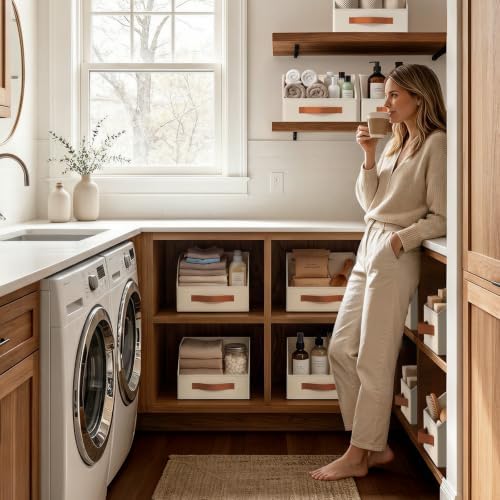 Homsorout Fabric Storage Bins for Organizing - 12 Pack Large Trapezoid Collapsible Storage Bins with Front Handle, Closet Organizers and Storage for Bedroom, Home Shelves, Small Spaces, Beige - Image 5