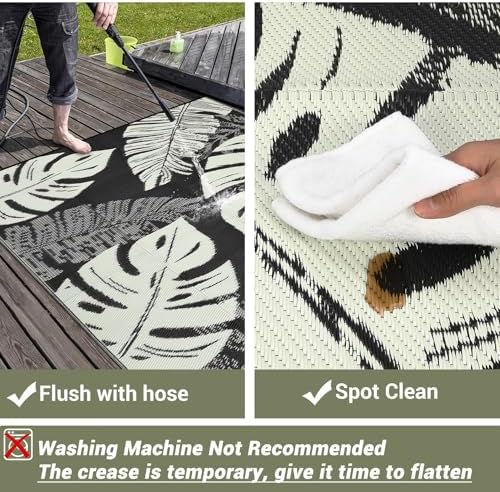 Waterproof 9x18 Outdoor Rug for Patio Reversible Plastic Straw Rug Floral Camping Carpet with Carry Bag, Stain & UV Resistant Portable RV Carpet for Camper Deck Balcony Porch Beach Picnic,Black - Image 5