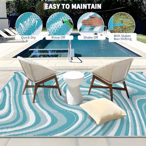 Garvee Large Modern Outdoor Rug 9x18 Patio Rugs Outdoor, Light Blue - Image 4