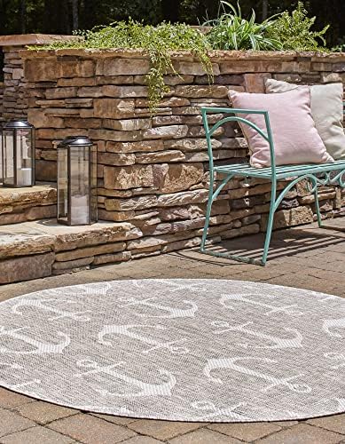 Unique Loom Outdoor Coastal Collection Area Rug - Ahoy (5' 3" Round, Gray/ Ivory) by UniqueLoom
