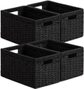 UBBCARE 4 Pack Wicker Basket, 13.4L×8.3H×7.1W inch Woven Paper Rope Storage Baskets for Shelves, Foldable Rectangular Storage Baskets with Handle, Storage Basket for Organizing, Black by UBBCARE