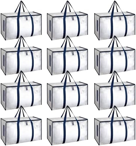 HealSmart 12 Pack Large Moving Bags with Zippers & Handles, Moving Supplies with lids, Heavy Duty Totes for Space Saving, Fold Flat, Moving and Storing, Clear by HealSmart
