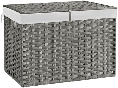 240L Wicker Storage Basket with Lid, Handwoven Rattan Large Shelf Basket with Removable Liner, 63.5 Gallon Wicker Basket for Blanket, Storage Trunk with Handle for Closet, Bedroom, Livingroom, Grey by Hiagnete