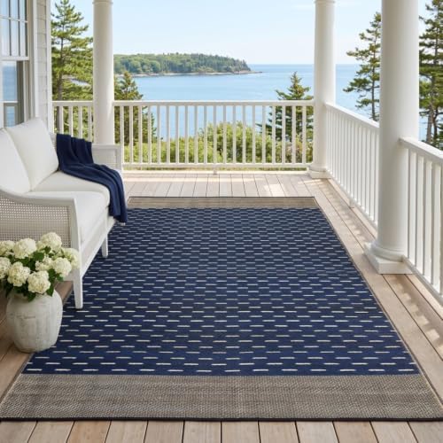 Fab Habitat Stripe Coastal Colorful Outdoor Rug - Waterproof, Crease-Free Fade Resistant, Reversible - Recycled Plastic - Patio Porch Balcony Deck Yard Garden - Montauk Navy & Sand - 5x8 ft by FabHabitat
