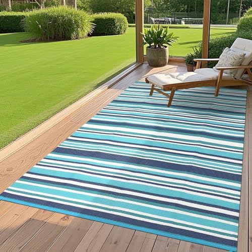 GAOMON 9x12 Large Outdoor Rug Waterproof for Patio Plastic Straw Rug Geometric Stripe Outside Carpet Modern Lines Outdoor Rugs for Deck Trailer Beach, Dark Blue/Bright Blue/Light Blue/White - Image 2