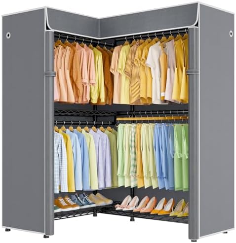 ULIFHOME E15C Garment Rack L Shaped Clothes Rack for Corner，Freestanding Clothing Racks for Hanging Clothes，Heavy Duty Closet Organizer 43.4"W x 15.8"D x 78.4"H，Black Rack with Grey Dustproof Cover by UlifHome