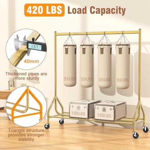 EAGMAK Heavy Duty Clothes Rack Load 420 LBS, Rolling Garment Rack with Lockable Wheels, Standing Metal Clothing Rack, Portable Wardrobe Sturdy Coat Rack for Hanging Clothes (Gold, 59″×18.9″×63″) - Image 2
