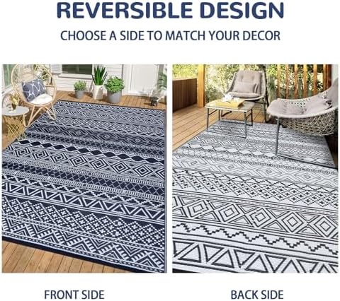 Outdoor Plastic Straw Rug 9x18 Large Floor Mat Boho Waterproof Rug for Patio Reversible Rug for Outdoors RV Beach Patio Camping Backyard Deck Picnic Camping Outside Navy White - Image 5