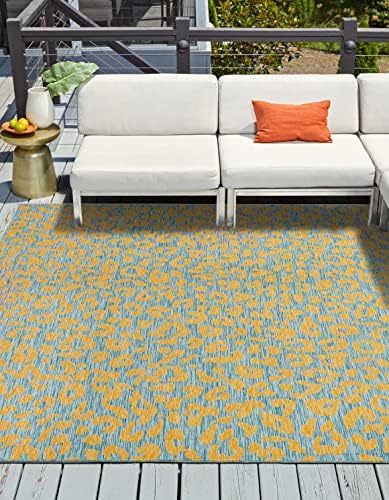 Unique Loom Outdoor Safari Collection Area Rug - Leopard (13' Square, Blue Yellow/ Blue) by UniqueLoom