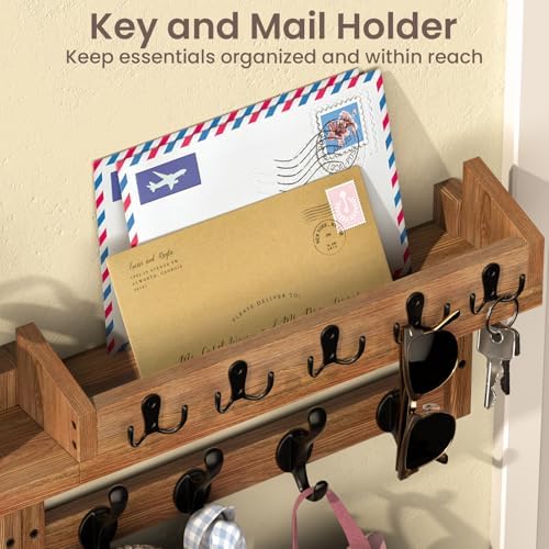 35'' Brown Coat Rack Wall Mount with Shelf, Solid Wood Coat and Key Hanger with 13 Metal Hooks, Farmhouse Wall Organizer for Mail, Entryway Wall Hangers for Hats, Clothes, Backpacks, Mudroom - Image 6