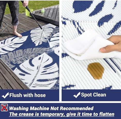 GlowSol Waterproof 9x18 Outdoor Rug for Patio Reversible Plastic Straw Rug Floral Camping Carpet with Carry Bag, Stain & UV Resistant Portable RV Carpet for Camper Deck Balcony Porch Beach Picnic,Navy - Image 5