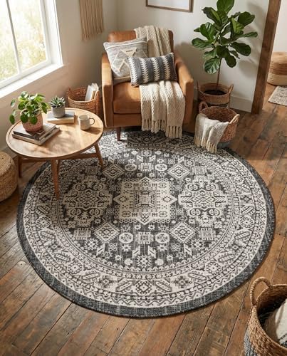 Rugs.com - Outdoor Aztec Rug – 5 Ft Round Charcoal Gray Indoor/Outdoor Rug – Weather-Resistant & Washable, Perfect for Patios, Decks, and Porches - Image 5