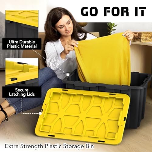 4 PACK of 17 Gallon Large Black & Yellow Storage Bins | Plastic Tote Organizing Container with Secure Latching Lids, Stackable, Extra Strength with Built in Handle | 24.5" x 16.5" x 13.5" - Image 4