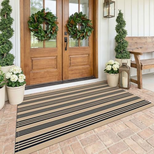 KOZYFLY 4x6 ft Brown and Black Striped Rug Front Door Rug Cotton Woven Rugs by KOZYFLY