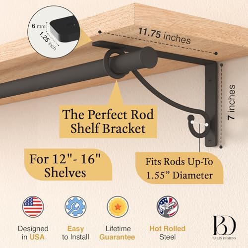 Closet Rod Bracket, 12 Inch –14 Inch Hook Shelf Brackets Heavy Duty Wall Mounted, Black Closet Rod Support Brackets for Curtains, Hanging Hook Kitchen, Shelf Supports (2 Pack) (Black Double, 12 Inch) - Image 2