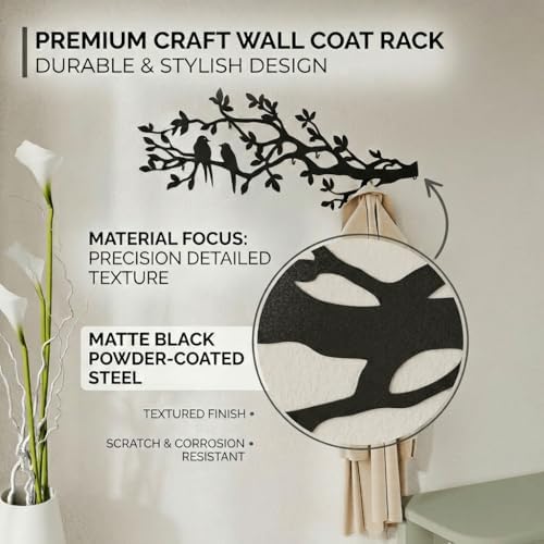 Tree Branch Coat Rack Wall Mount, 5 Hooks – Heavy Duty Metal, Birds on Tree Branch Wall Art & Functional Entryway Organizer, Wall Mounted Hanger for Living Room, Bathroom, Bedroom, Home Décor, 41x16" - Image 3