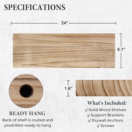 Axeman Floating Shelves, 2 Pack 8 Inch Deep Modern Solid Wood Wall Shelves for Storage, Wall Mounted Display Shelving with Invisible Heavy-Duty Metal Bracket, 24" W x 8" D x 1.6" H, Light Carbonized - Image 3