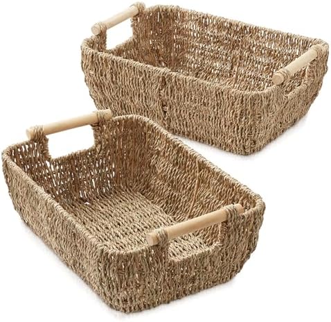 Casafield Set of 2 Seagrass Oval Storage Baskets with Wooden Handles - Medium, Woven Bin Organizers - Image 2