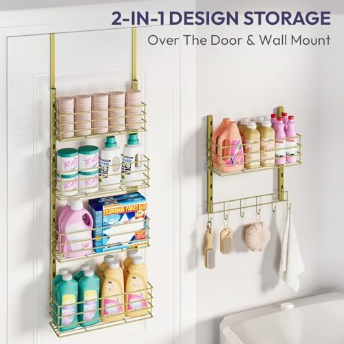 SWTYMIKI Over The Door Organizer - Door Organizer Hanging with 5 Adjustable Metal Large Capacity Basket and 6 Coat Hook, Wall Mounted Shelf for Bedroom Closet Bathroom Laundry Pantry Cabinet Kitchen - Image 5
