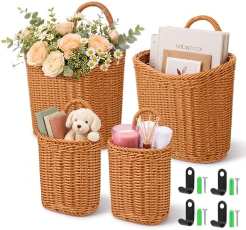 4 Pcs Hanging Wicker Wall Baskets with Hooks Woven Storage Baskets by Yiyiring