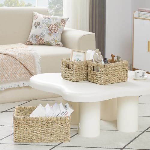 Vagusicc Wicker Basket, Set of 3 Hand-woven Storage Baskets for Organizing, Seagrass Wicker Storage Basket Bins with Handles, Small Toilet Paper Storage Baskets for Shelves Pantry Baskets (Seagrass) - Image 5