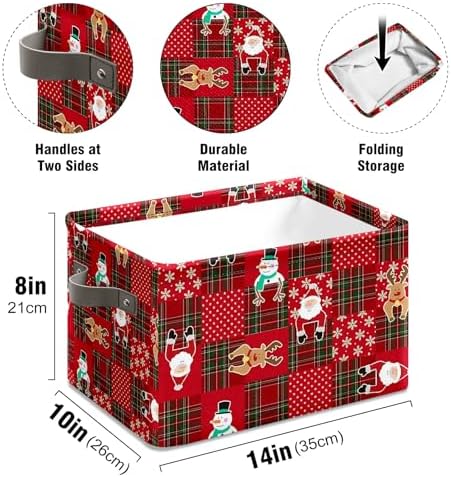 Christmas Baskets,Christmas Red Grid Elk Snowman Foldable Storage Bins with Handles, Decorative Cloth Organizer Storage Boxes 2 2piece - Image 6