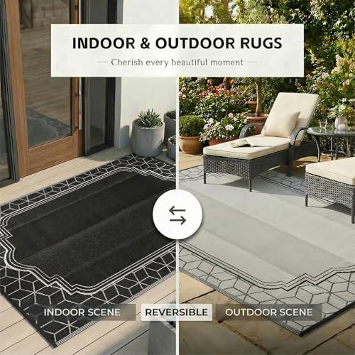 wikiwiki Outdoor Rug, 9x18ft Waterproof Reversible Mat Indoor Outdoor Rugs Carpet, Small Area Rug Plastic Straw Rug for Patio Deck Balcony Pool RV Camping Beach Picnic, Black, Rugscape Series - Image 4
