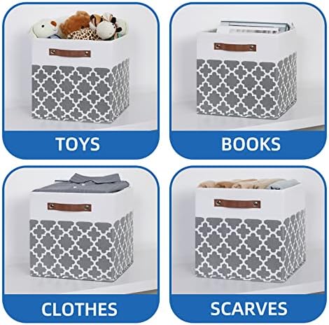 Temary 12x12x12 Fabric Storage Bins 4 Pack with Leather Handle, Foldable Cubes Storage Box Baskets for Closet, Shelf (White&Lattice) - Image 4