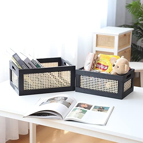 Wicker Wood Storage Baskets with Handle, Set of 2, Black - Image 4