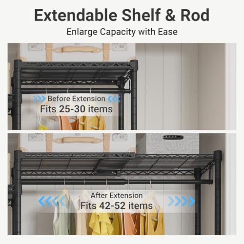 VIPEK X3 Basic Expandable Closet System, Heavy Duty Freestanding Open Wardrobe with Long Hanging Area, 5 Hanging Rods & 6 Adjustable Shelves, Fits 5.10 to 8.8 FT, Black - Image 6