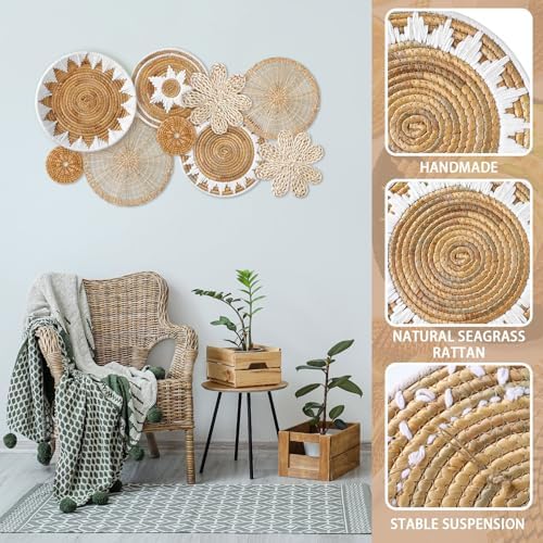 Xuhal 8 Pcs Boho Wall Basket Decor Decorative Bulrush Woven Basket Wall Decor Rustic Farmhouse Hanging Baskets for Kitchen Rustic Home Summer Decorations - Image 4