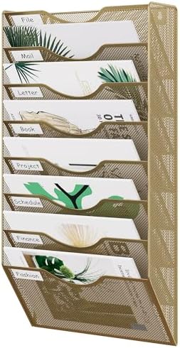 EasyPAG 8 Pocket Mesh Wall File Organizer, Hanging Paper Folder Holder with Classify Label, Vertical Wall Mount Mail Organizer for Office Home Classroom, Gold by EasyPAG
