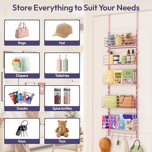 SWTYMIKI Over The Door Organizer - Door Organizer Hanging with 5 Adjustable Metal Large Capacity Basket and 6 Coat Hook, Wall Mounted Shelf for Bedroom Closet Bathroom Laundry Pantry Cabinet Kitchen - Image 3