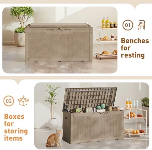 Greesum 100 Gallon Resin Deck Box Large Outdoor Storage Boxes with Cushions for Garden Tools, Patio Furniture Pillows, Pool Supplies, Light Coffee - Image 2