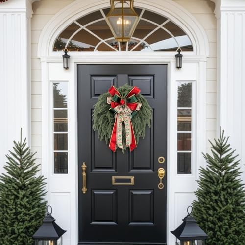 24 Inch Norfolk Pine Wreath with Large Merry Christmas Bow – Real Touch Norfolk Pine Winter Holiday Green Wreath for Front Door, Weatherproof Outdoor Porch Decoration, Includes Storage Bag - Image 2