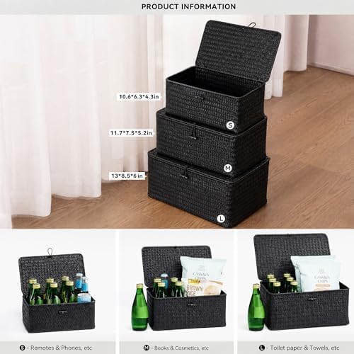 Nonam Wicker Storage Basket with Lid,Seagrass Shelf Basket Set of 3,Black - Image 2