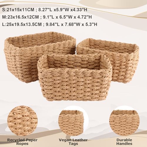 ASelected Wicker Storage Baskets,Woven Paper Rope Storage Boxes Bins,Large Storage Cubes Baskets Organizer For Cupboards Drawer Closet Shelf Dresser, Set Of 3 (Desert) - Image 2