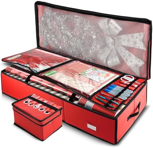 Hearth & Harbor Wrapping Paper Storage Container - Christmas Storage Bag with Ribbon Dispenser and Interior Pockets - Gift Wrap Organizer Fits Up to 26 Rolls of 40" Length, Red by HearthHarbor
