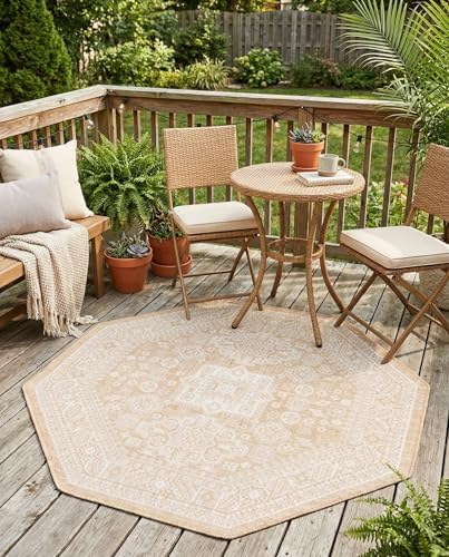 Rugs.com - Outdoor Aztec Rug – 5 Ft Octagon Natural Indoor/Outdoor Rug – Weather-Resistant Flatweave for Patios, Decks, and Porches by Rugscom