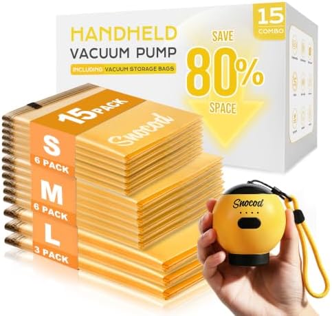 Travel Vacuum Bags with Pump, 15 Pack Vacuum Storage Bags for Clothing, Brushless Motor Type-C Rechargeable Pump, Compression Packing Bags for Travel, Suitcase, Closet and Home Storage, Yellow by SNOCOD