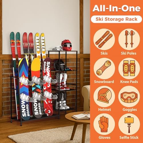 Freestanding Snowboard Rack, 4 Pair Ski, 3 Pack Snowboard, Boot, Pole, Goggles, Snowboard Gear, Ski Rack for Garage - Image 4