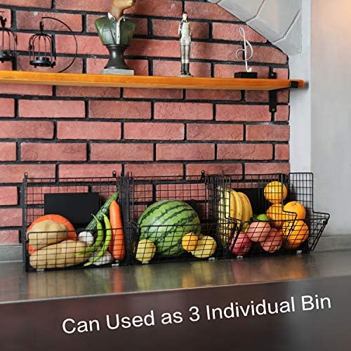 X-cosrack Metal Wire Basket Wall Mount, 3 Tier Wall Storage Basket Organizer with Hanging Hooks Chalkboards, Rustic Kitchen Fruit Produce Bin Rack Bathroom Tower Baskets (Black) - Image 3