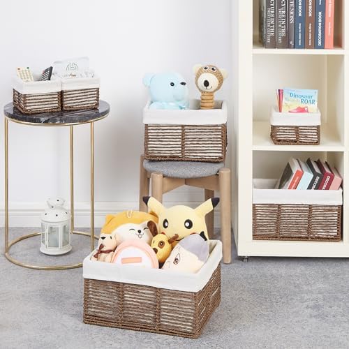 Vagusicc Wicker Storage Basket, 6 Pack Baskets for Organizing, Wicker Baskets with Handle, Rectangular Woven Basket for Storage Shelves, Cube Storage Bins for Closet/Clothes/Dresser, Brown - Image 6