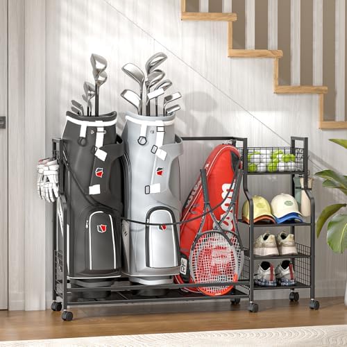 DAOUTIME Golf Bag Storage Rack for Garage with Wheels, Organizer for Golf Bag and Equipment Accessories, Golf Organizer Stand Ideal for Home, Garage, Club, Shed, Basement - Sturdy and Durable (Black) - Image 6