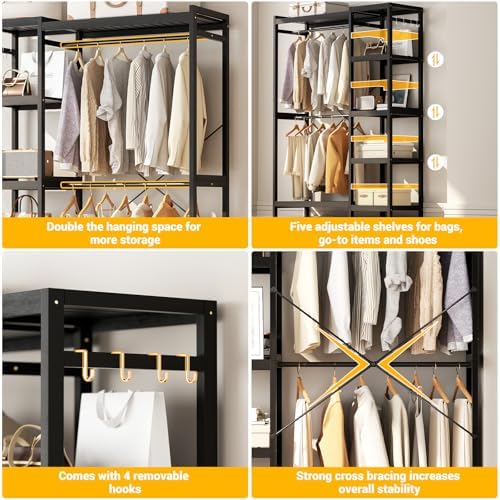 Homykic Bamboo Clothing Rack with 7 Adjustable Shelves, 2 Hang Rods, Black - Image 5